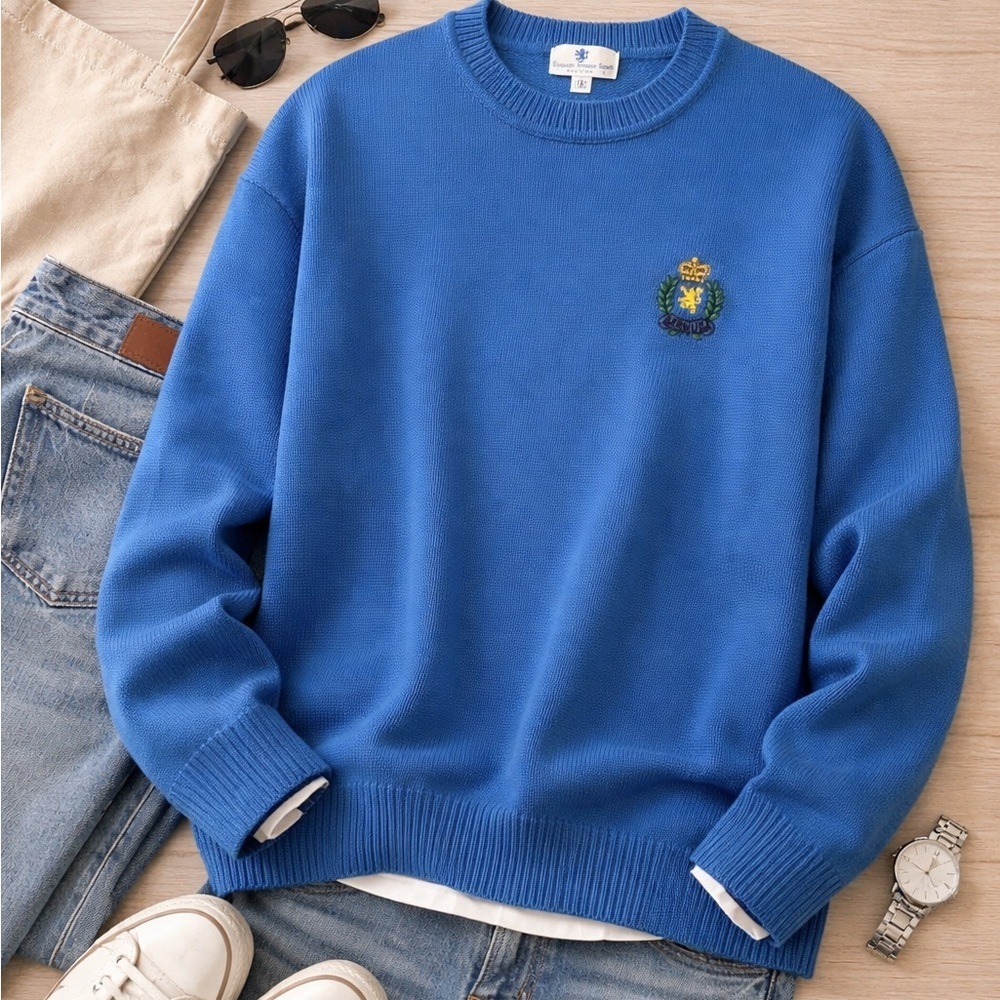 English Sports Shop Bermuda Blue Crest Sweater Large 100% Cotton Preppy Crewneck